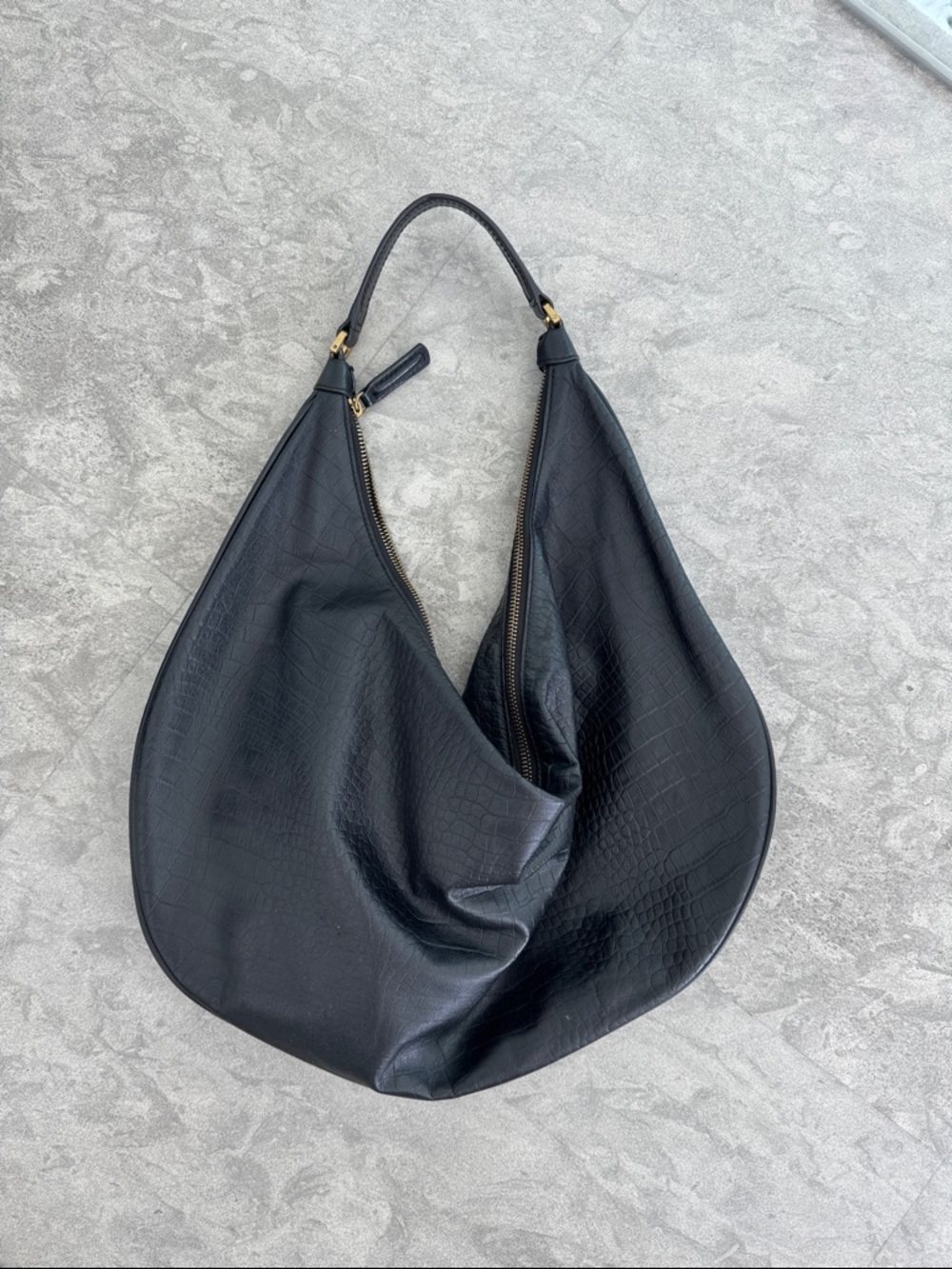 STAUD Sasha Black Croc-Embossed Hobo Shoulder Bag